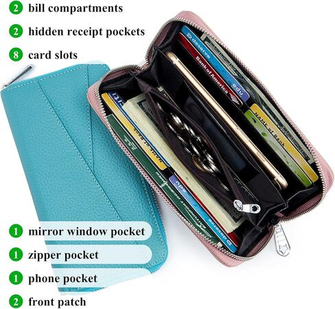 محفظة جلدية فاخرة، حامل بطاقات RFID متعدد الأقسام مع جيب للهاتف، 8 فتحات للبطاقات، منظم بسحاب، 7.9 × 4.1 بوصة (وردي فاتح) in Saudi Arabia