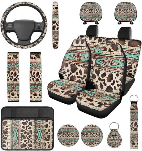 14 Pcs Aztec Cow Print Car Seat Covers with Steering Wheel Cover, Armrest Cushion Head Rest Protector Seat Belt Covers, Brown Cow Print Automotive Accessories Interior Fit Most of Cars in Saudi Arabia