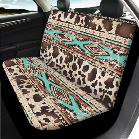 14 Pcs Aztec Cow Print Car Seat Covers with Steering Wheel Cover, Armrest Cushion Head Rest Protector Seat Belt Covers, Brown Cow Print Automotive Accessories Interior Fit Most of Cars in Saudi Arabia