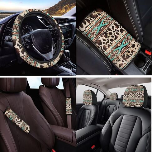 14 Pcs Aztec Cow Print Car Seat Covers with Steering Wheel Cover, Armrest Cushion Head Rest Protector Seat Belt Covers, Brown Cow Print Automotive Accessories Interior Fit Most of Cars in Saudi Arabia
