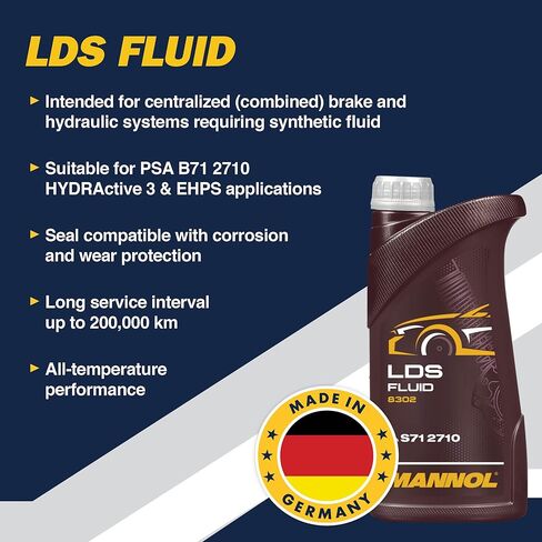 Mannol LDS Full Synthetic Hydraulic Fluid for Hydraulic 3 Systems, 1L Hydraulic Oil Bottle, Synthetic Red Fluid Compatible with Citroën HYDRActive 3 Systems, PSA S71 2710 Approved, Cold Weather in Kuwait