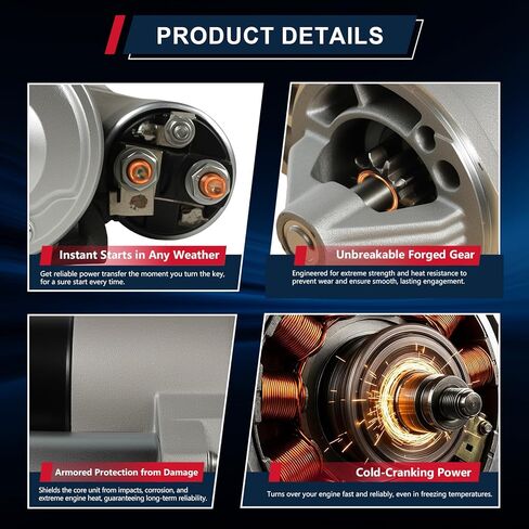 1-17749 Starter Motor Compatible with Jeep Wrangler 4.0L 1999-2004, Cherokee 4.0L 1999-2002, Grand Cherokee 4.0L 1999-2002, 10-Teeth 1.2KW CW 12V, Replaces OE# 17749 244-6796 56041012AB in Saudi Arabia