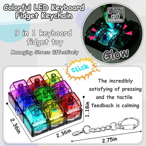 LED Light Keyboard Fidget Toy for Adults Kids, Glow Keyboard Fidget Keychain 9 in 1 Stress Relief Decompression Button Finger Clicker Toys, Button Fidget Gifts to Relief Stress (Transparent Black) in Kuwait