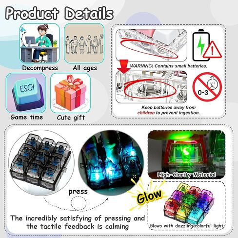 LED Light Keyboard Fidget Toy for Adults Kids, Glow Keyboard Fidget Keychain 9 in 1 Stress Relief Decompression Button Finger Clicker Toys, Button Fidget Gifts to Relief Stress (Transparent Black) in Kuwait