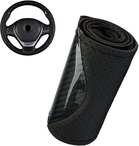 Car Leather Steering Wheel Cover, Breathable Perforated Anti-slip Wrap, Anti-scratch Stitch on Microfiber Leather Protector, Tight Fit for Most 14.96" Steering Wheel (Black) in Saudi Arabia