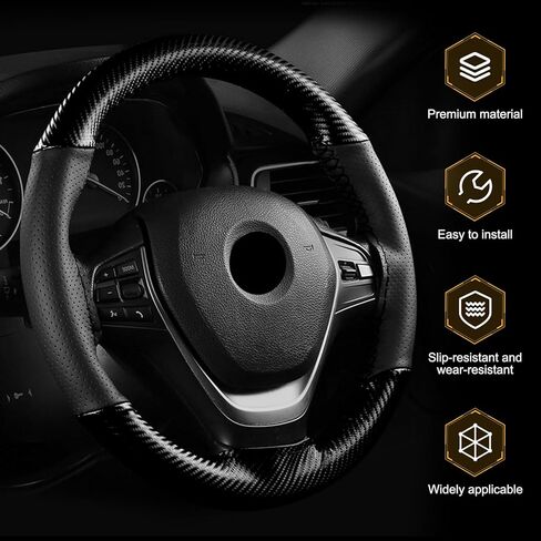 Car Leather Steering Wheel Cover, Breathable Perforated Anti-slip Wrap, Anti-scratch Stitch on Microfiber Leather Protector, Tight Fit for Most 14.96" Steering Wheel (Black) in Saudi Arabia
