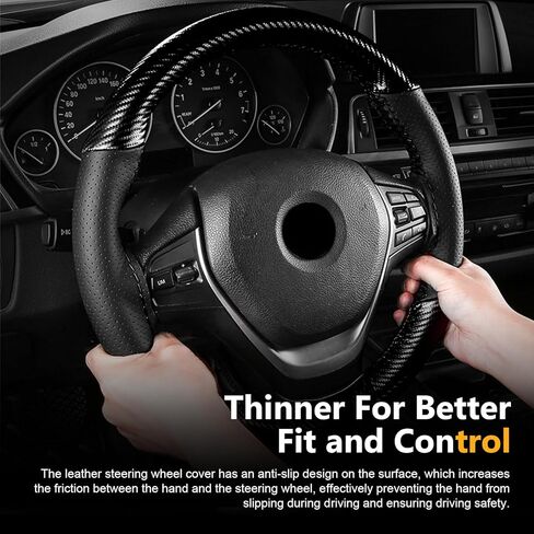 Car Leather Steering Wheel Cover, Breathable Perforated Anti-slip Wrap, Anti-scratch Stitch on Microfiber Leather Protector, Tight Fit for Most 14.96" Steering Wheel (Black) in Saudi Arabia