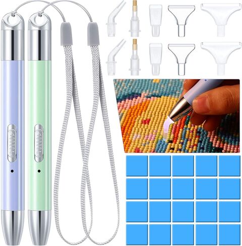 Zonon 2 قطعة LED الماس اللوحة القلم 5D USB قابلة للشحن نقطة الإضاءة الحفر القلم مع 10 رأس و 20 الطين الغراء للحرف اليدوية DIY (الأخضر والأرجواني) in Kuwait