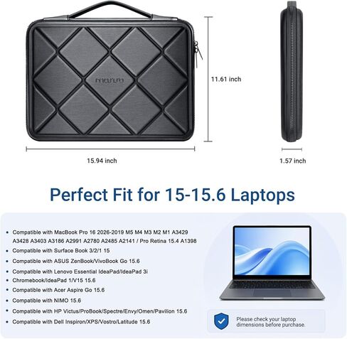 MOSISO Laptop Case 16 inch, 15-15.6 inch Laptop Sleeve Waterproof Shockproof Computer Bag Compatible with MacBook HP Dell Lenovo, Checkered EVA Carrying Case Computer Bag Hard Shell with Handle, Black in Kuwait