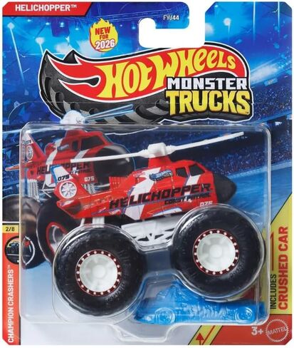 Hot Wheels Monster Trucks Helichopper [Red] Champion Crashers 2/8 - Includes Crushed Car - 1:64 Scale Diecast Toy Vehicle in Kuwait