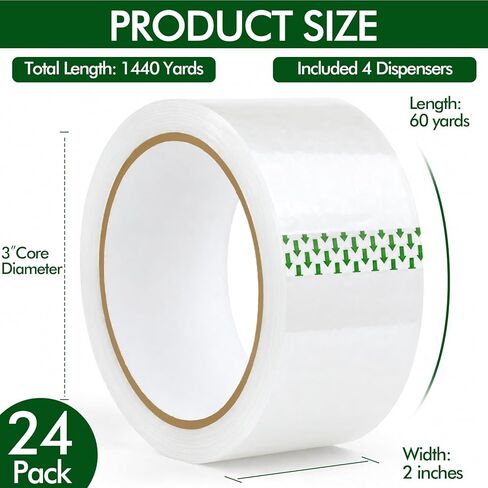 24 Rolls Clear Packing Tape with 4 Dispensers, Heavy Duty Packing Tape Refills for Moving Mailing Packaging Shipping Supplies, 2.0 inches x 60 Yards Per Roll in Saudi Arabia