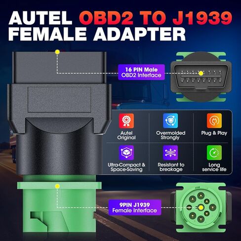 Autel Original OBD2 Male to Green J1939 Type 2 Female Adapter, 16pin OBDII to 9pin for Truck Freightliner Code Reader, ELD Tracker, Diagnostic Scanner Device, Plug and Play with High Speed in Kuwait