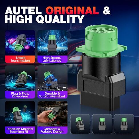 Autel Original OBD2 Male to Green J1939 Type 2 Female Adapter, 16pin OBDII to 9pin for Truck Freightliner Code Reader, ELD Tracker, Diagnostic Scanner Device, Plug and Play with High Speed in Kuwait