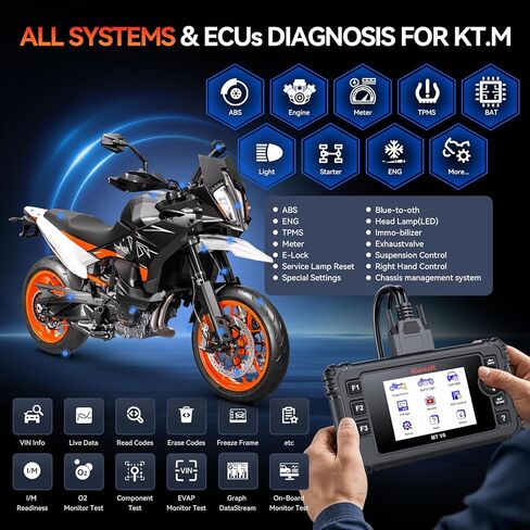 iCarsoft MT V6 Motorcycle Diagnostic Scan Tool for K.TM, All System Motorbike OBD Scanner, Oil/ETC/ABS/Engine Idle Maintenance Tool for K.TM, Actuation Test, Battery Test in Kuwait