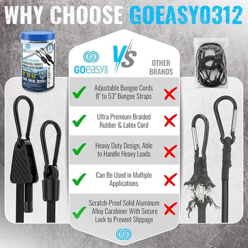 GOEASY0312 حبال بنجي قابلة للتعديل مع خطافات - حبال بنجي شديدة التحمل مقاومة للطقس مع خطافات حلقة تسلق، يمكن ضبطها من 8 بوصات إلى 53 بوصة من أشرطة بنجي للشحن والدراجة والشاحنة (6 قطع) in Kuwait