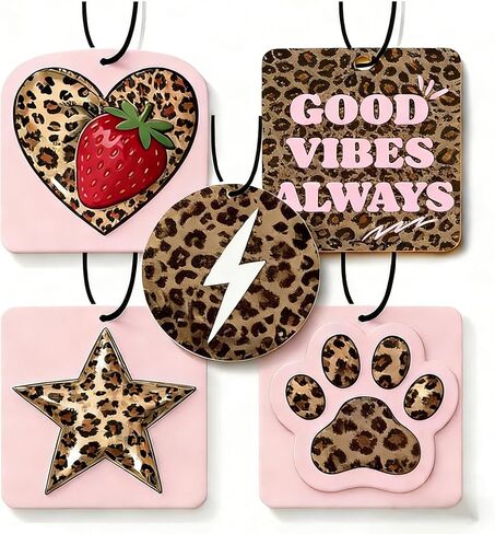 5PCS Cheetah Print Car Air Freshener, Long-Lasting Scent, Strawberry Cat Paw Leopard Print Car Rearview Mirror Decorative Pendant, Suitable for Women and Teen Girls in Saudi Arabia