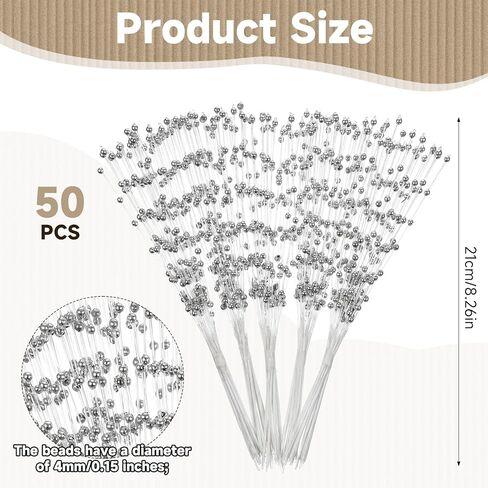 SULIKJHUI 50 Pcs Silver Flowers Artificial, Bouquet Accessories Pearl Floral Picks with 4mm Beads, 8.26 Inch Floral Stems for Wedding, Party & Christmas Decorations in Saudi Arabia