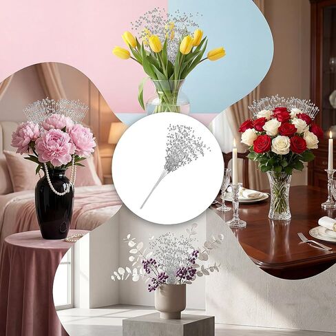SULIKJHUI 50 Pcs Silver Flowers Artificial, Bouquet Accessories Pearl Floral Picks with 4mm Beads, 8.26 Inch Floral Stems for Wedding, Party & Christmas Decorations in Saudi Arabia