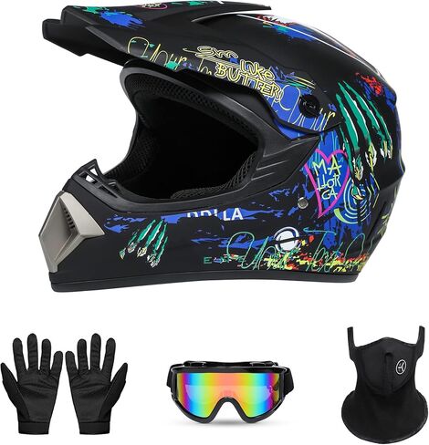 خوذة رياضية لكامل الوجه للشباب لدراجات BMX والدراجات الجبلية وخوذة موتوكروس للطرق الوعرة، خوذة دراجة نارية معتمدة من وزارة النقل للدراجات الترابية والمركبات ATV، خفيفة الوزن ومريحة، مجموعة مكونة من 4 قطع in Kuwait