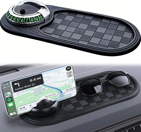 Car Dashboard Phone Holder Support Anti Slip Pad Dash Decorations Mat Organizer, Multifunctional 360° Rotating Phone Holder with Temporary Parking Number for Gadgets Phones Keys (B) in Kuwait
