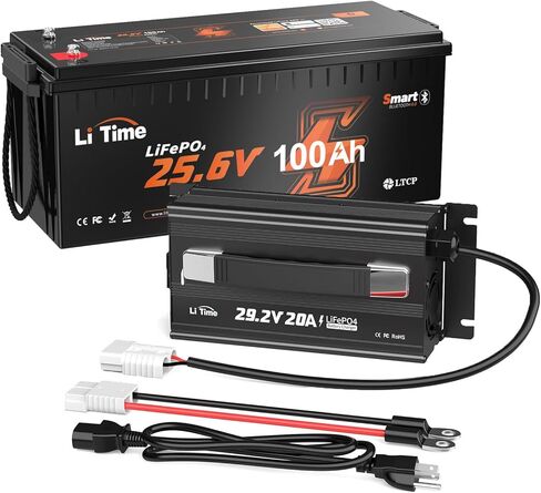 LiTime 24V 100Ah Bluetooth LiFePO4 بطارية ليثيوم مع شاحن بطارية LiFePO4 20A، حماية من درجات الحرارة المنخفضة، 4000+ دورة مع 100A BMS، بحد أقصى. طاقة 2560 وات في الساعة للمركبات الترفيهية ومحرك الصيد والبحرية وخارج الشبكة in Kuwait