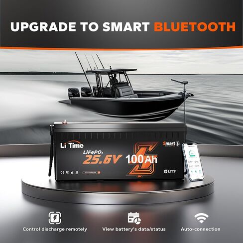 LiTime 24V 100Ah Bluetooth LiFePO4 بطارية ليثيوم مع شاحن بطارية LiFePO4 20A، حماية من درجات الحرارة المنخفضة، 4000+ دورة مع 100A BMS، بحد أقصى. طاقة 2560 وات في الساعة للمركبات الترفيهية ومحرك الصيد والبحرية وخارج الشبكة in Kuwait