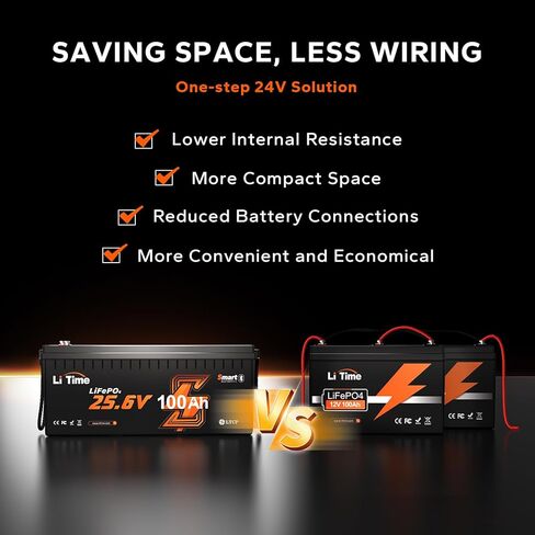 LiTime 24V 100Ah Bluetooth LiFePO4 بطارية ليثيوم مع شاحن بطارية LiFePO4 20A، حماية من درجات الحرارة المنخفضة، 4000+ دورة مع 100A BMS، بحد أقصى. طاقة 2560 وات في الساعة للمركبات الترفيهية ومحرك الصيد والبحرية وخارج الشبكة in Kuwait