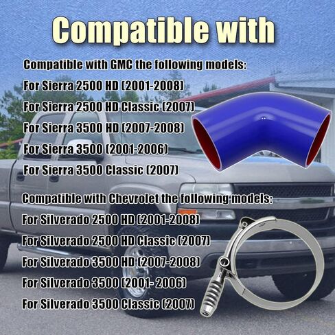 Intercooler Boot Kit Compatible with 2001-2008 Chevrolet GMC Silverado Sierra 2500HD, 2007-2008 3500HD, 2001-2006 3500, Classic w/Hose Clamp Inlet Duct Connector Engine, Replace 904-130 65431 15124211 in Kuwait