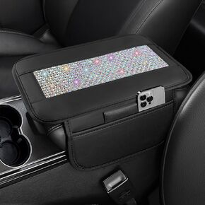 NBTEPEM Bling Car Armrest Cover, Universal Microfiber Leather Center Console Cover with 2 Pockets, Rhinestone Car Armrest Cushion Protector, Bling Accessories Interior (Silver Diamond) in Saudi Arabia