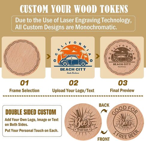 30-1000 Pcs Custom Wooden Drink Tokens，Double Sided Engraved with Your Logo/Text,Personalized Wood Round Tokens for Bars, Wedding Partys, Corporate Events, Game Nights in Saudi Arabia