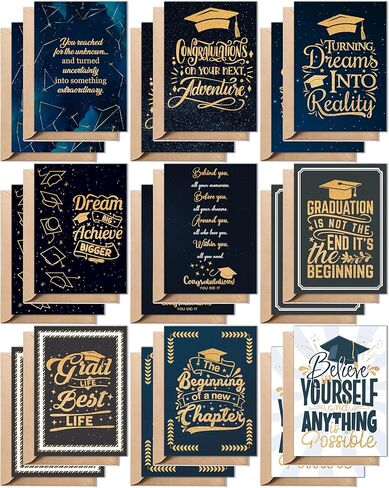 Graduation Cards – 18 Cards from 9 Unique Designs (2 Cards/Design), Gold Glitter Effect Graduation Cards for Him Her, Son, Daughter, Congrats Cards Set Pack with Kraft Envelopes & Stickers, Folded Card 5"x7" in Saudi Arabia