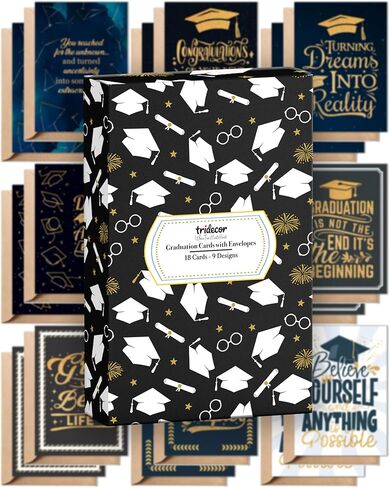 Graduation Cards – 18 Cards from 9 Unique Designs (2 Cards/Design), Gold Glitter Effect Graduation Cards for Him Her, Son, Daughter, Congrats Cards Set Pack with Kraft Envelopes & Stickers, Folded Card 5"x7" in Saudi Arabia