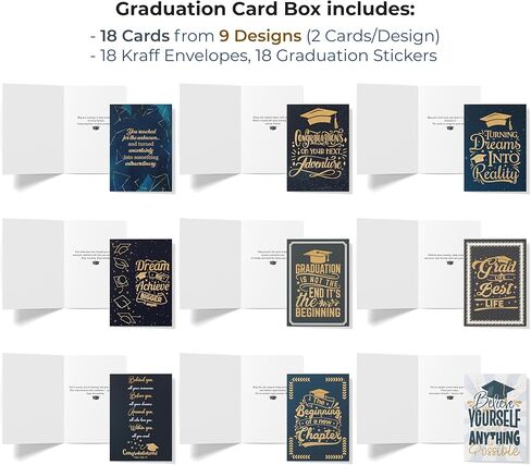 Graduation Cards – 18 Cards from 9 Unique Designs (2 Cards/Design), Gold Glitter Effect Graduation Cards for Him Her, Son, Daughter, Congrats Cards Set Pack with Kraft Envelopes & Stickers, Folded Card 5"x7" in Saudi Arabia