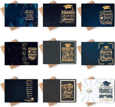 Graduation Cards – 18 Cards from 9 Unique Designs (2 Cards/Design), Gold Glitter Effect Graduation Cards for Him Her, Son, Daughter, Congrats Cards Set Pack with Kraft Envelopes & Stickers, Folded Card 5"x7" in Saudi Arabia