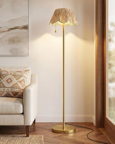 OYEARS 65" Boho Floor Lamps for Living Room, Rattan Floor Lamp, Pull Chain Switch, Gold Standing Lamp with Hand-Woven Shade, Farmhouse Tall Lamps for Nursery, Metal Base&Pole, Bulb not Included, Gold in Saudi Arabia