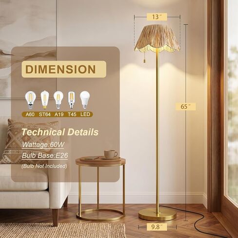 OYEARS 65" Boho Floor Lamps for Living Room, Rattan Floor Lamp, Pull Chain Switch, Gold Standing Lamp with Hand-Woven Shade, Farmhouse Tall Lamps for Nursery, Metal Base&Pole, Bulb not Included, Gold in Saudi Arabia