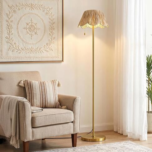 OYEARS 65" Boho Floor Lamps for Living Room, Rattan Floor Lamp, Pull Chain Switch, Gold Standing Lamp with Hand-Woven Shade, Farmhouse Tall Lamps for Nursery, Metal Base&Pole, Bulb not Included, Gold in Saudi Arabia