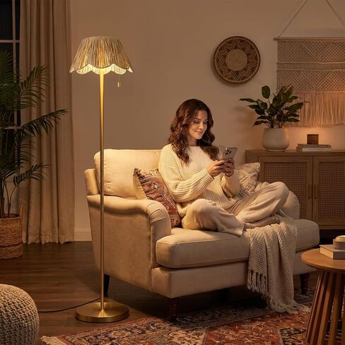 OYEARS 65" Boho Floor Lamps for Living Room, Rattan Floor Lamp, Pull Chain Switch, Gold Standing Lamp with Hand-Woven Shade, Farmhouse Tall Lamps for Nursery, Metal Base&Pole, Bulb not Included, Gold in Saudi Arabia