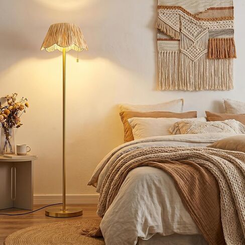 OYEARS 65" Boho Floor Lamps for Living Room, Rattan Floor Lamp, Pull Chain Switch, Gold Standing Lamp with Hand-Woven Shade, Farmhouse Tall Lamps for Nursery, Metal Base&Pole, Bulb not Included, Gold in Saudi Arabia