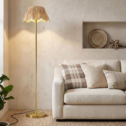 OYEARS 65" Boho Floor Lamps for Living Room, Rattan Floor Lamp, Pull Chain Switch, Gold Standing Lamp with Hand-Woven Shade, Farmhouse Tall Lamps for Nursery, Metal Base&Pole, Bulb not Included, Gold in Saudi Arabia