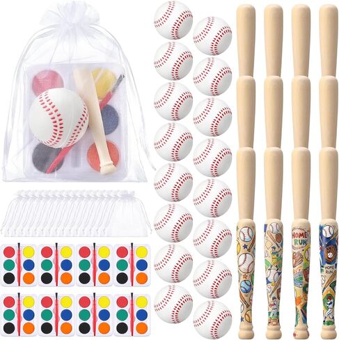 Soulchen 16 Sets Baseball Mini Bats Foam Balls Kit 3" Unfinished Wood Ball Bats 1.6" Foam Baseballs with Bags Watercolor Pigment Small Sports Party Favors for DIY Craft Dollhouse Accessories Decor in Kuwait