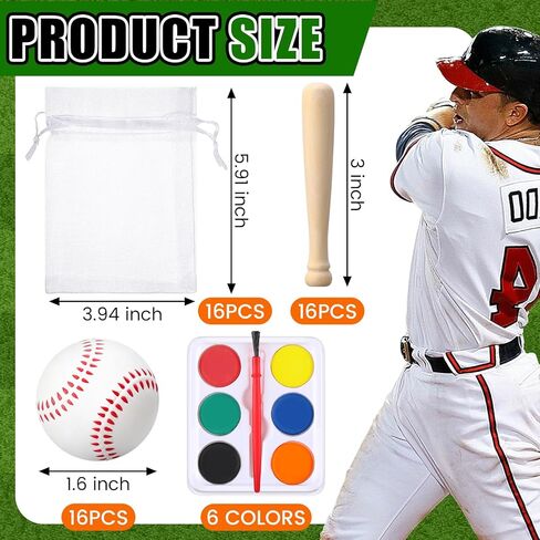Soulchen 16 Sets Baseball Mini Bats Foam Balls Kit 3" Unfinished Wood Ball Bats 1.6" Foam Baseballs with Bags Watercolor Pigment Small Sports Party Favors for DIY Craft Dollhouse Accessories Decor in Kuwait