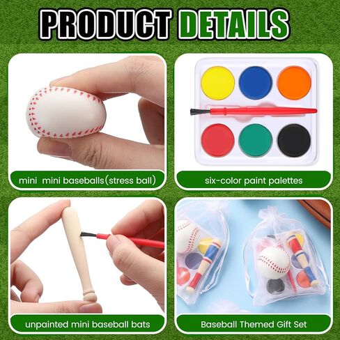 Soulchen 16 Sets Baseball Mini Bats Foam Balls Kit 3" Unfinished Wood Ball Bats 1.6" Foam Baseballs with Bags Watercolor Pigment Small Sports Party Favors for DIY Craft Dollhouse Accessories Decor in Kuwait