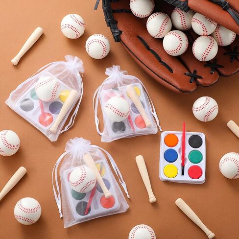 Soulchen 16 Sets Baseball Mini Bats Foam Balls Kit 3" Unfinished Wood Ball Bats 1.6" Foam Baseballs with Bags Watercolor Pigment Small Sports Party Favors for DIY Craft Dollhouse Accessories Decor in Kuwait
