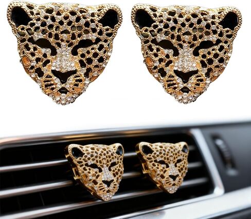 2PCS Leopard Print Vent Clips Car Accessories Gold Bling Rhinestone Car Accessories for Women Cute Cheetah Air Vents Clip Decorations Stylish Interior Decor for Vehicles in Kuwait