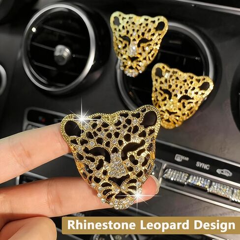 2PCS Leopard Print Vent Clips Car Accessories Gold Bling Rhinestone Car Accessories for Women Cute Cheetah Air Vents Clip Decorations Stylish Interior Decor for Vehicles in Kuwait