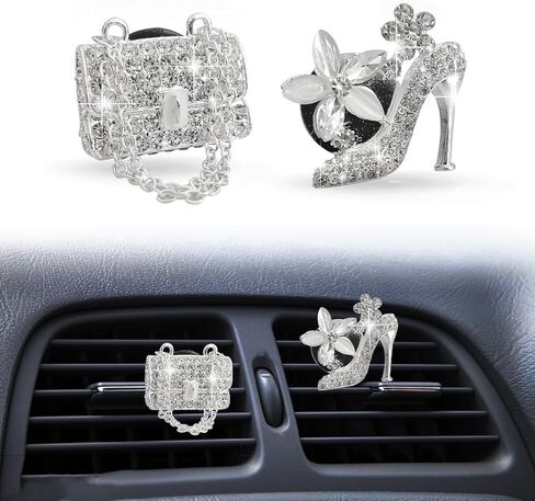 2 Pieces Car Bling Crystal High Heel Shoe Air Vent Clips with Magic Bag Rhinestone Car Air Vent Decoration Cute Universal Interior Accessories Silver in Saudi Arabia