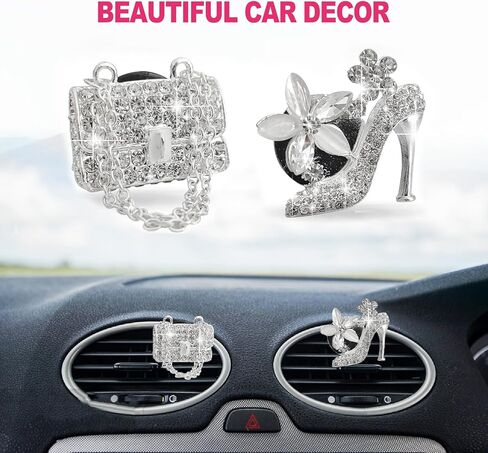 2 Pieces Car Bling Crystal High Heel Shoe Air Vent Clips with Magic Bag Rhinestone Car Air Vent Decoration Cute Universal Interior Accessories Silver in Saudi Arabia