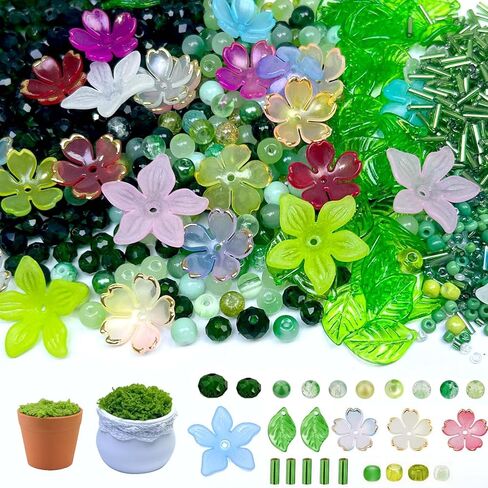 2000pcs Assorted Glass Beads / Acrylic Flower Leaf Beads Kit with 2pcs Pots for Jewelry Making, Multi Types and Size Beads for Beaded Plant DIY Jewelry Beads for Bracelet Necklace Necklace Earring in Saudi Arabia
