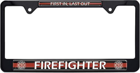 حامل بطاقة إطار لوحة الترخيص "First in, Last Out" من البلاستيك الأسود ذو الحجم القياسي للسيارات/سيارات الدفع الرباعي/الشاحنات، ملحقات السيارات المقاومة للطقس in Kuwait